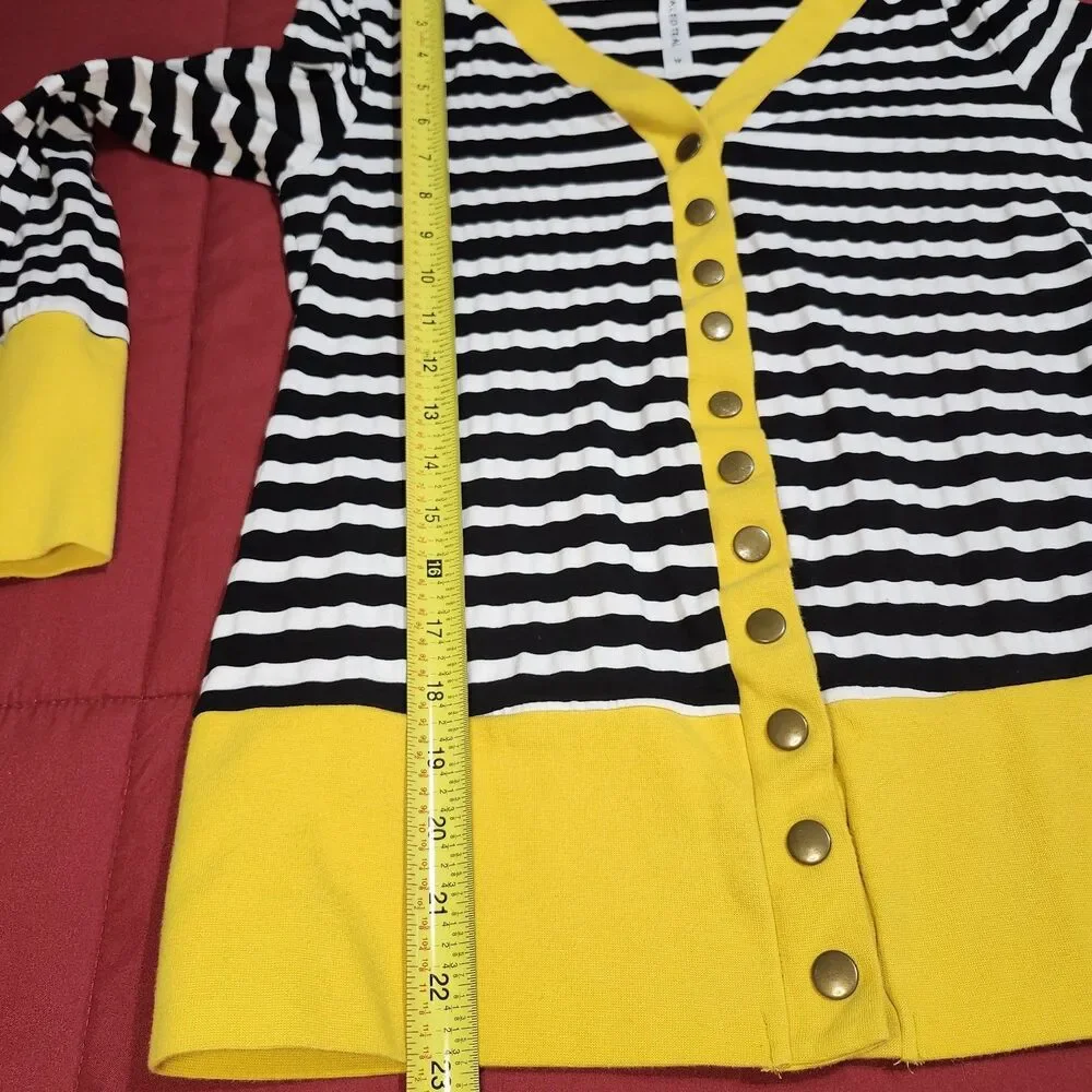Tickled Teal Striped Snap Front Cardigan Black White Yellow Hipster M (Small) - Picture 7 of 11